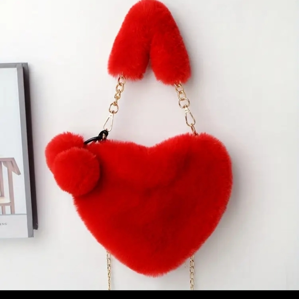 Red Heart-Shaped Faux Fur Bag